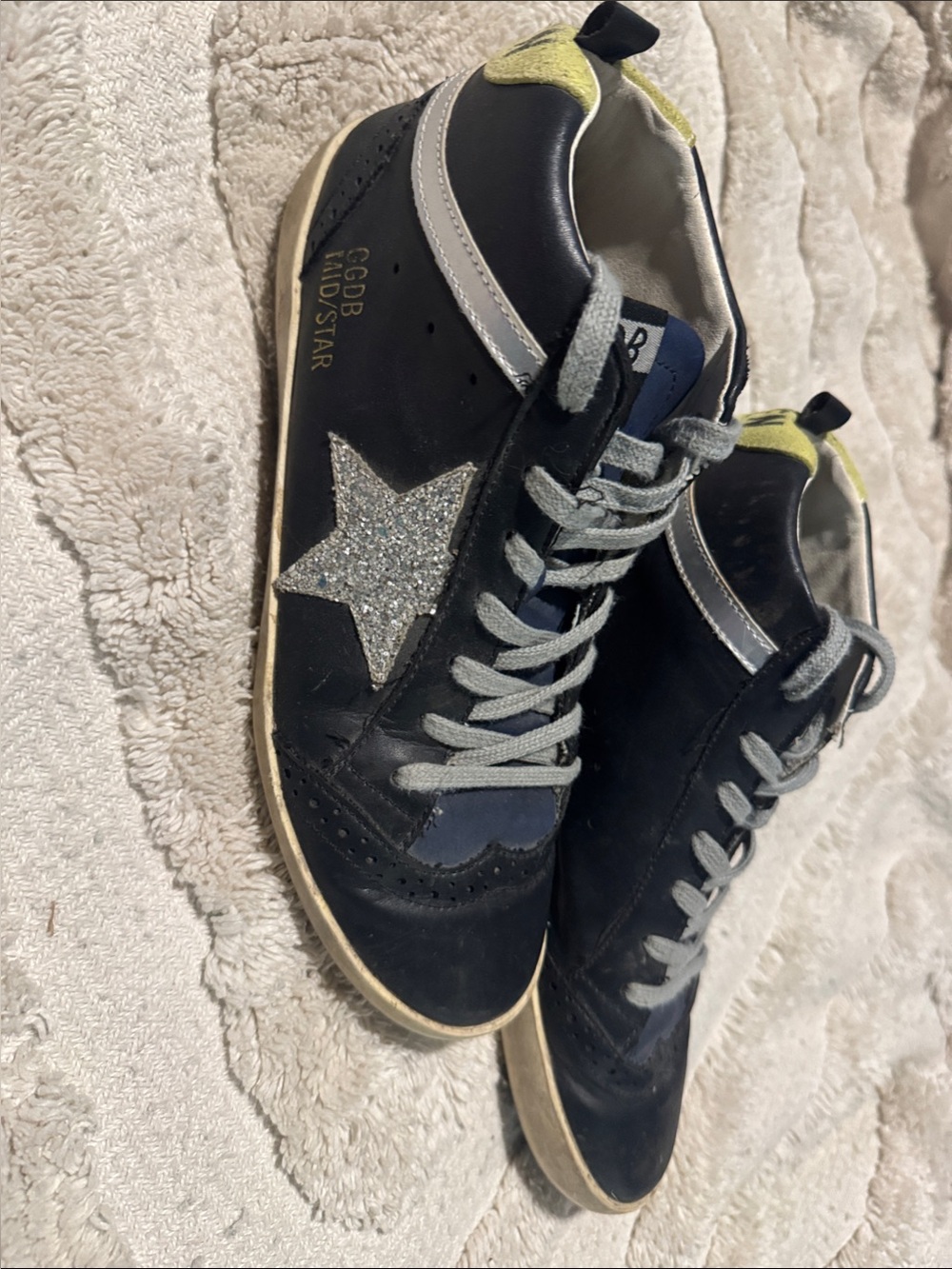 Golden Goose Mid Star Black Leather Sneakers with Silver Glitter Star